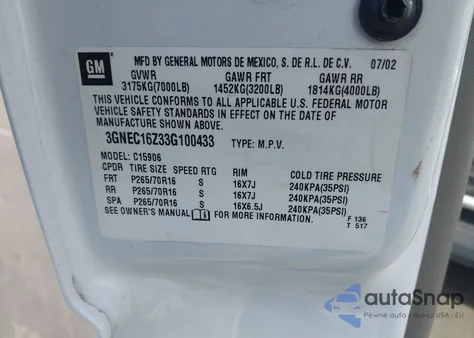 2003 Chevrolet Suburban 1500 Lt из США, поврежденный, VIN 3GNEC16Z33G100433